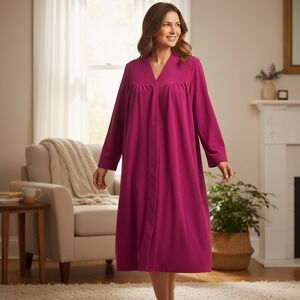 Vanity Fair Vintage Magenta Pink Fleece Snap Front Robe Housecoat Made in USA L